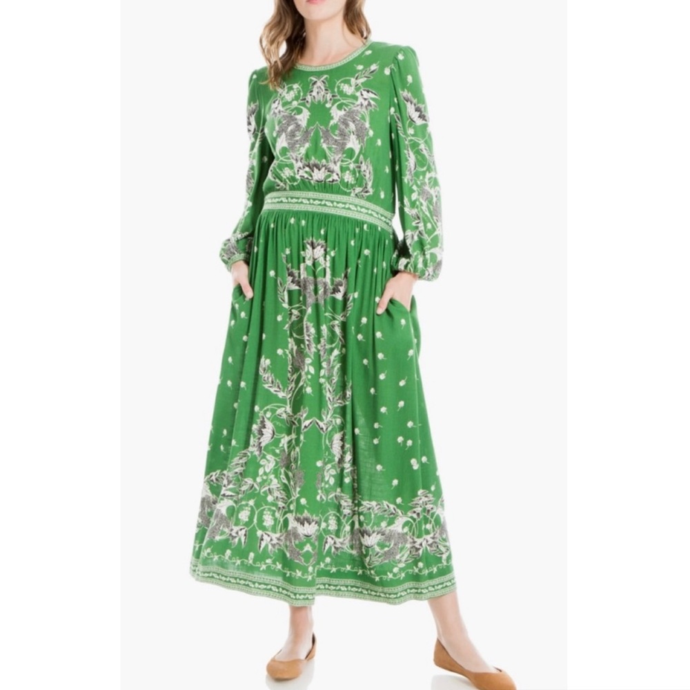 Max Studio Women's Floral Balloon Sleeve Linen-Blend Green Maxi Dress Size Small